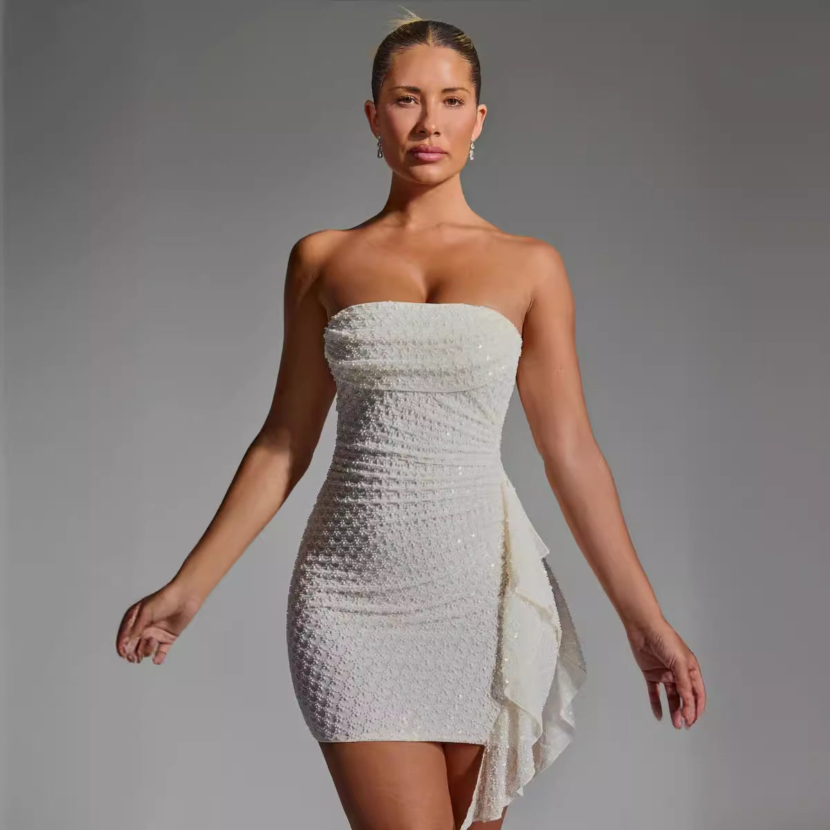 Damen Minikleid Rüschen Elegant Stretch - IdealeKleiden