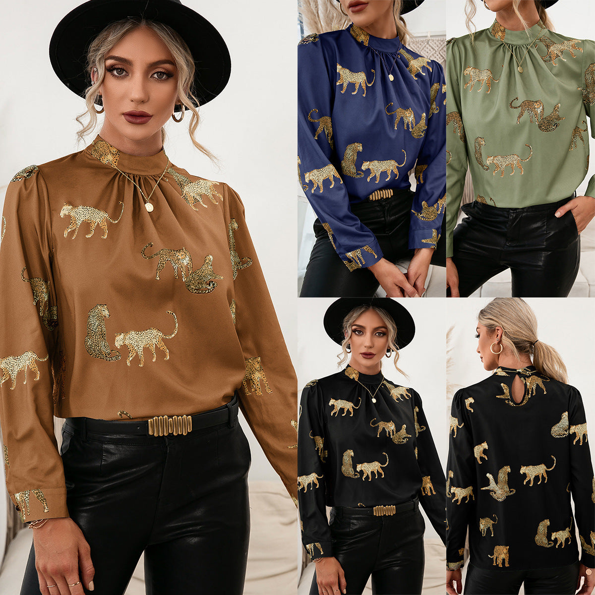 Damen Bluse Tierdruck Elegant Stehkragen - IdealeKleiden