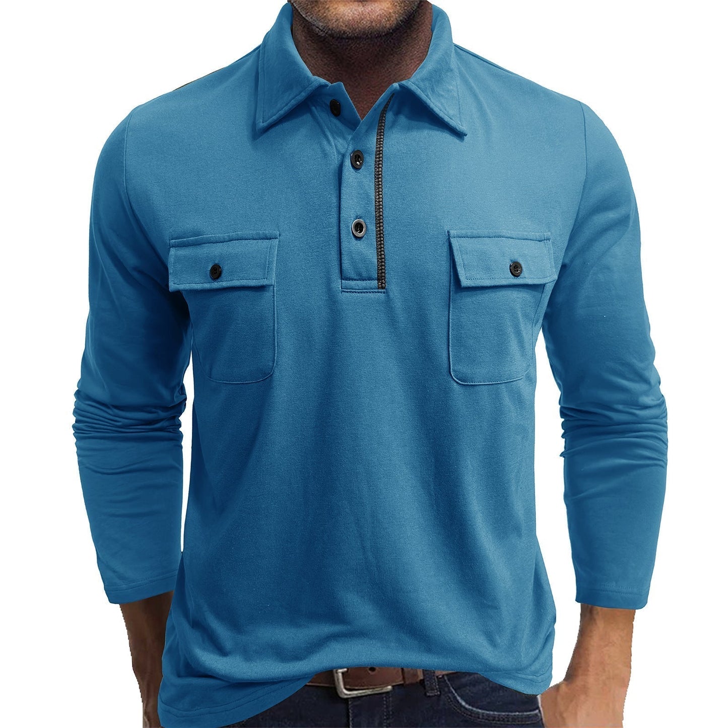 Herren Poloshirt Baumwolle Langärmlig Klappentaschen