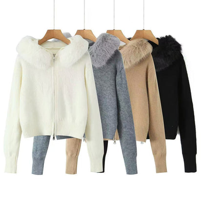 Damen Strickjacke Luxus Kunstfell Kragen Reißverschluss - IdealeKleiden