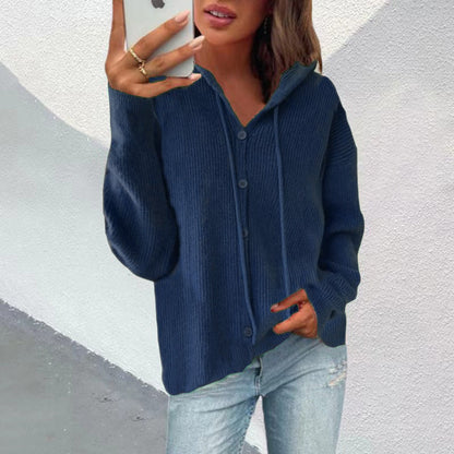 Damen Strickjacke Kapuze Knopfleiste Elegante Oberbekleidung