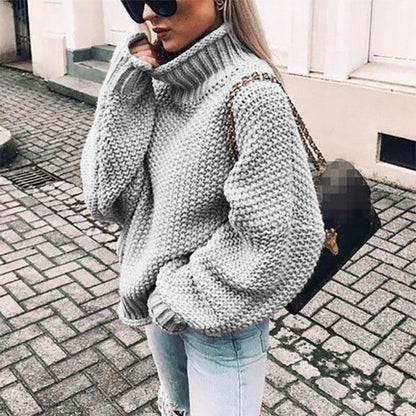 Damen Pullover Grobstrick Stehkragen Oversized Ärmel
