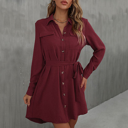 Damen Blusenkleid Elegant mit Gürtel und Taschen