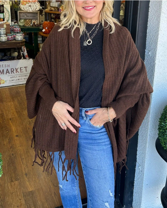 Damen Poncho Mit Fransen Elegant Überwurf