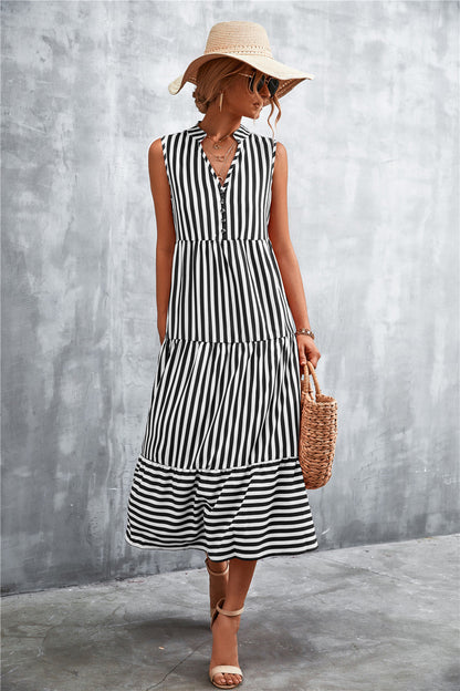 Damen Maxikleid Streifenmuster Elegant Knopfverschluss