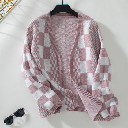 Damen Cardigan Herbstlich Gestrickt Karomuster