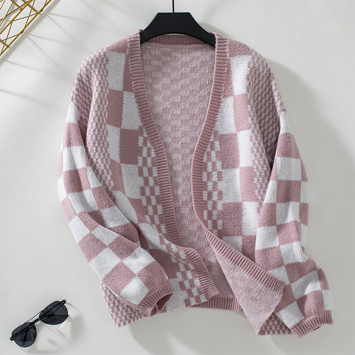 Damen Cardigan Herbstlich Gestrickt Karomuster
