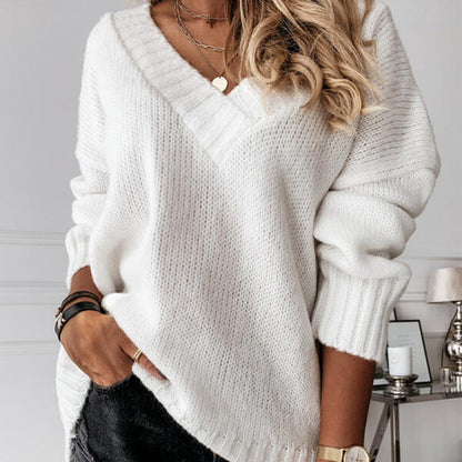 Damen Pullover V-Ausschnitt Strick Optik Elegante Mode - IdealeKleiden