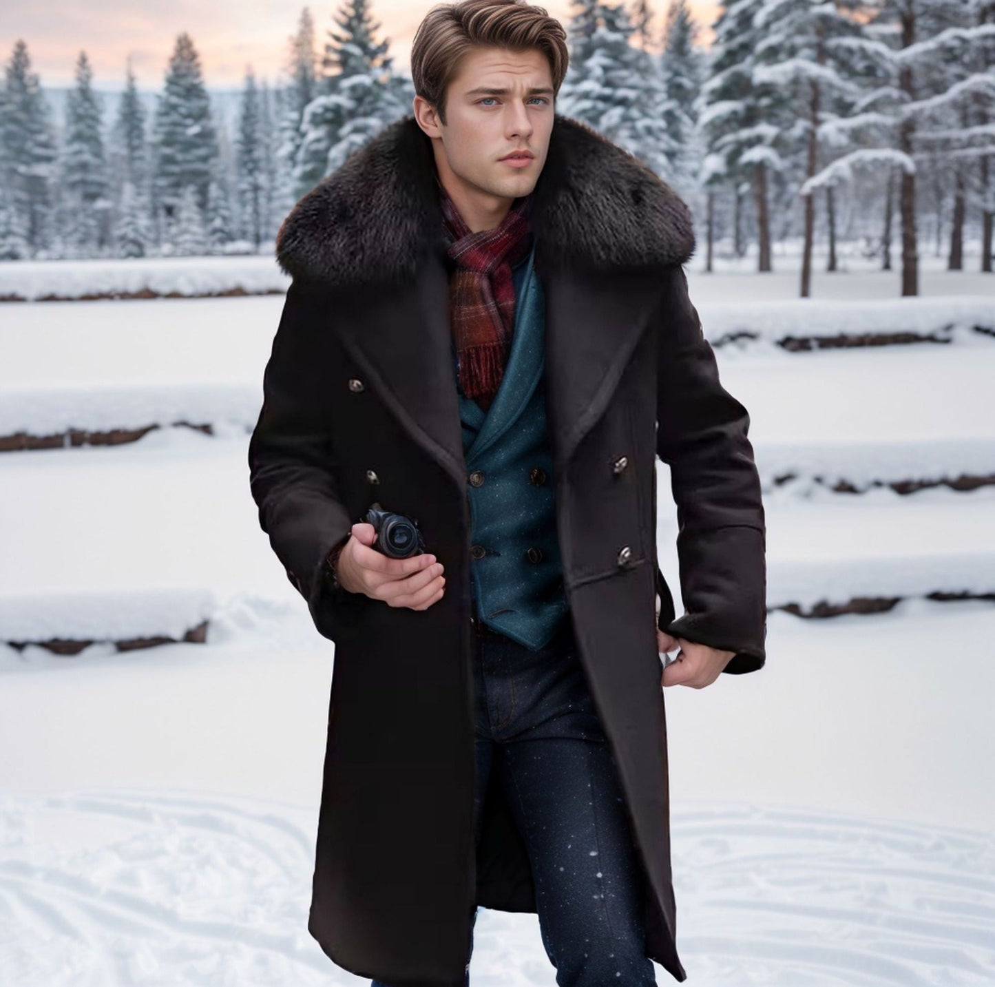 Herren Wolljacke Elegantes Design Kunstfell Kragen - IdealeKleiden