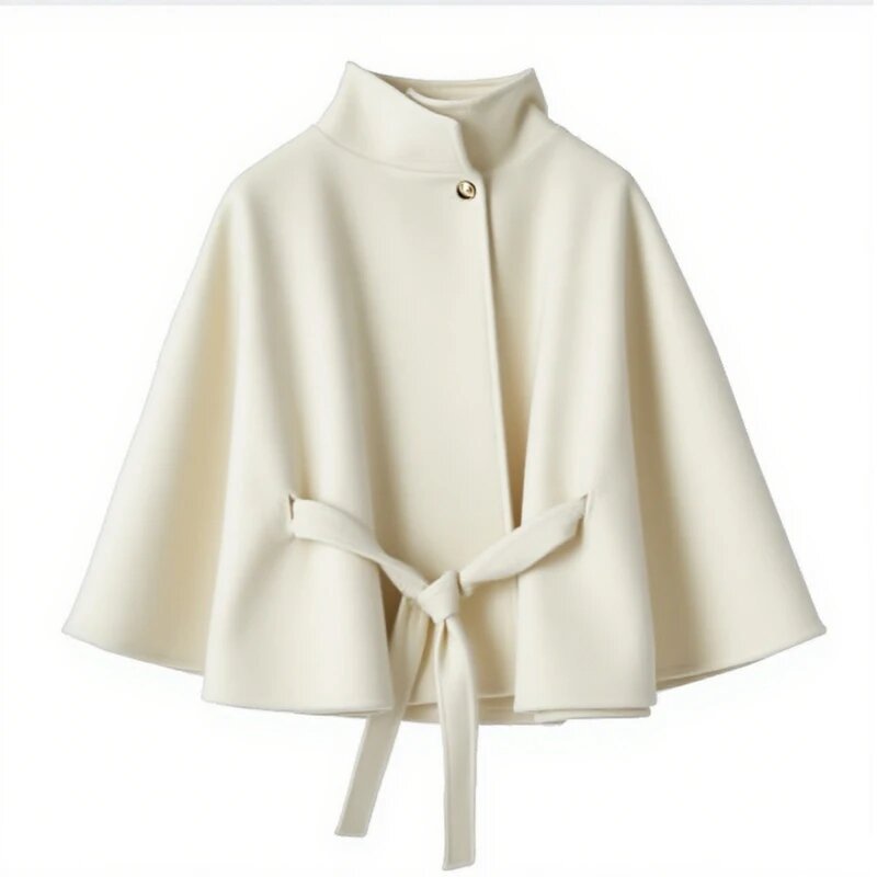 Damen Umhangjacke Elegant Bindegürtel Hochschloss