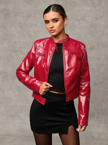 Damen Lederjacke Kurz Asymmetrisch Chic Style