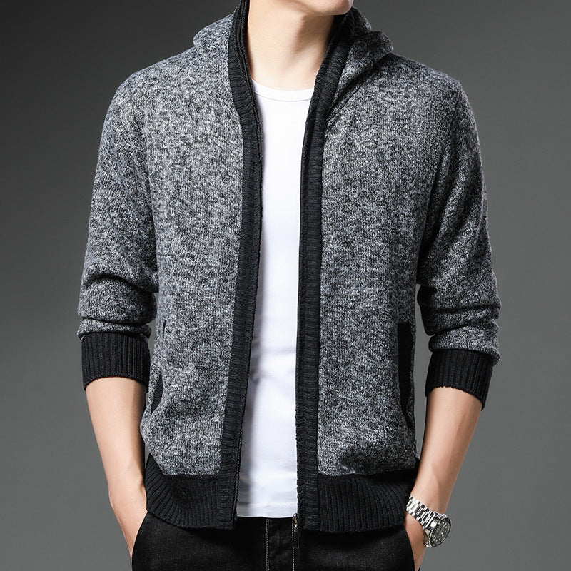 Herren Strickjacke Modern Kapuze Schwarz Weiß