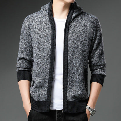 Herren Strickjacke Modern Kapuze Schwarz Weiß