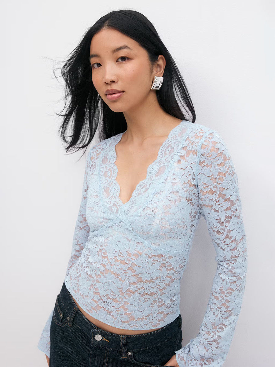 Damen Spitzen-Oberteil V-Ausschnitt Elegantes Design