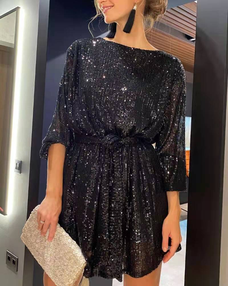Damen Partykleid Glitter Lurex Elegant Geschnürt