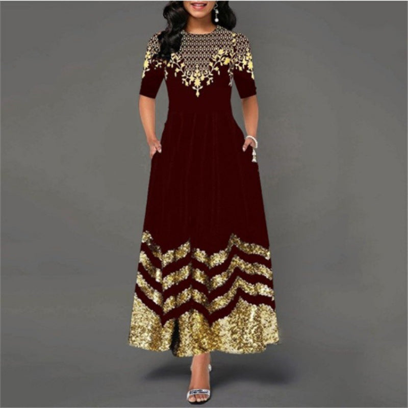 Damen Maxikleid Elegant Gold Muster Sommerkleid