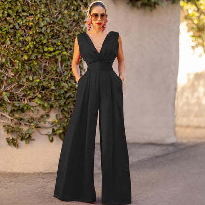 Damen Jumpsuit Elegant V-Ausschnitt Weite Bein