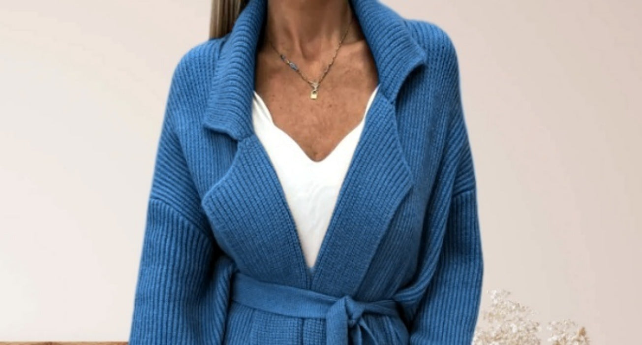 Damen Strickmantel Elegant Gürtel Breite Revers