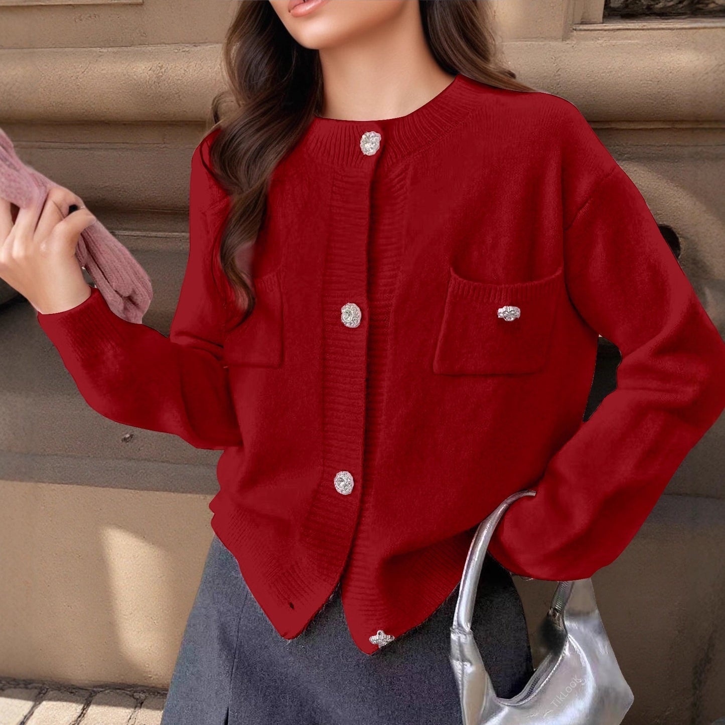 Damen Strickjacke Wollmischung Großzügig Schnitt