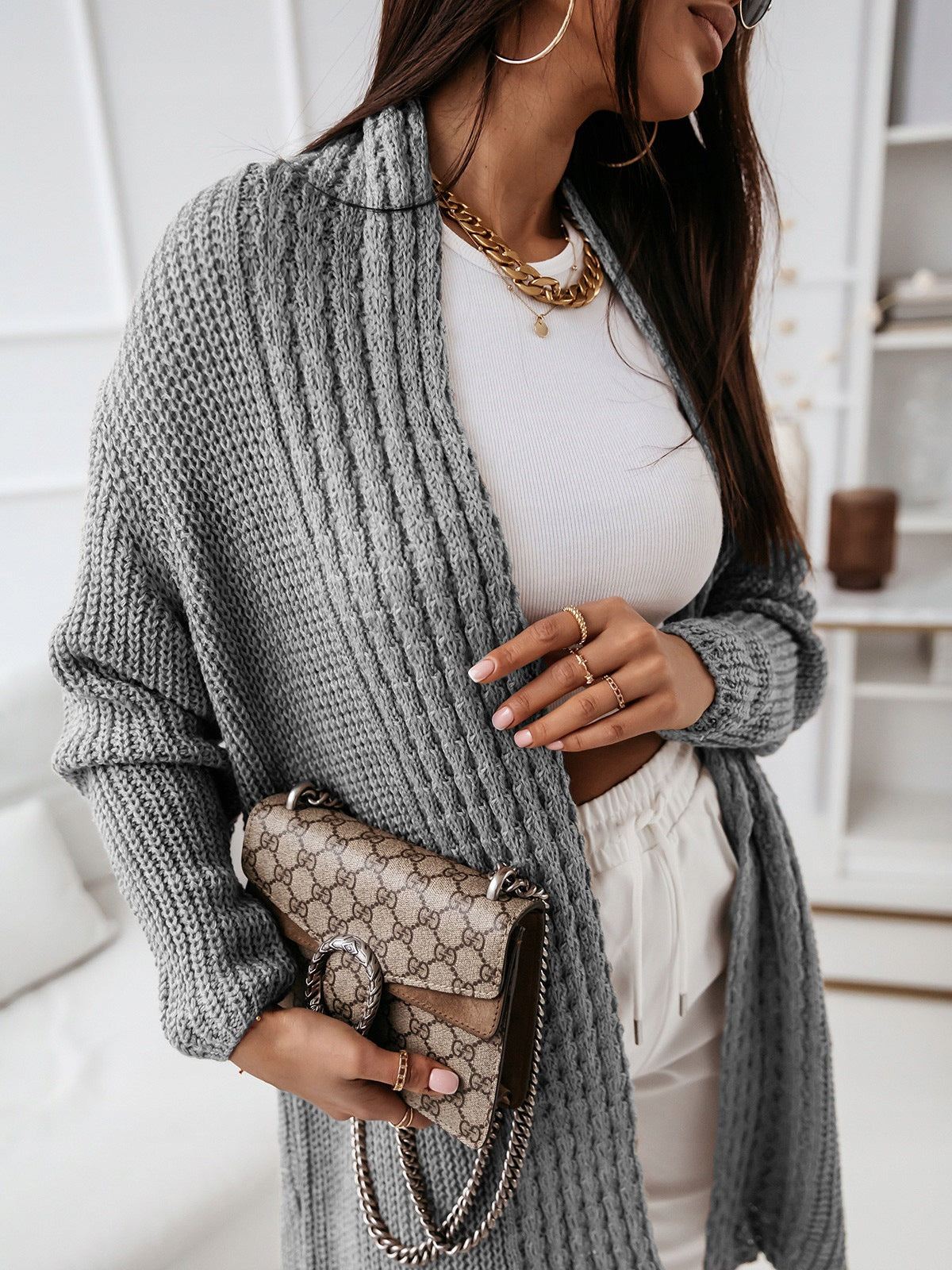 Langarm Strickjacke Wollig Locker Geschnürt