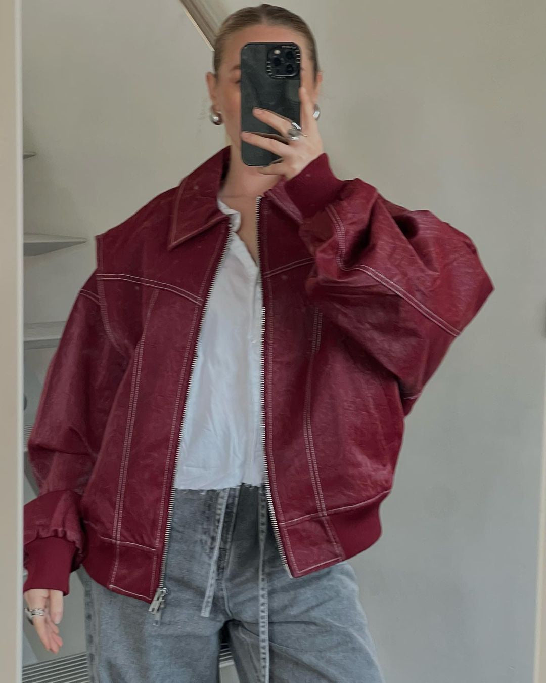 Modische Damen Lederjacke Oversized Schnitt Trendy