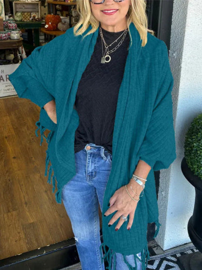 Damen Poncho Mit Fransen Elegant Überwurf