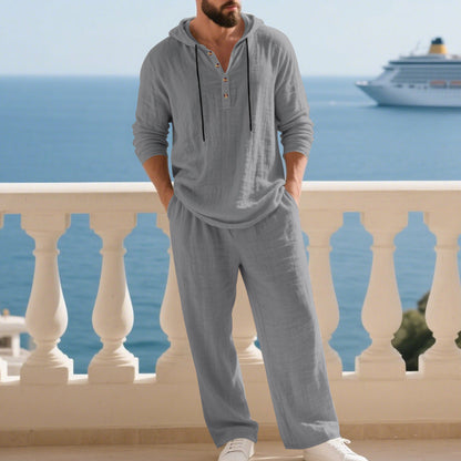 Herren Leinen Hoodie Set Bequem Mit Taschen