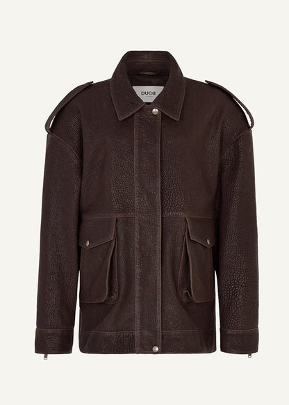 Dunkelbraune Lederjacke Mitpraktischen Taschen