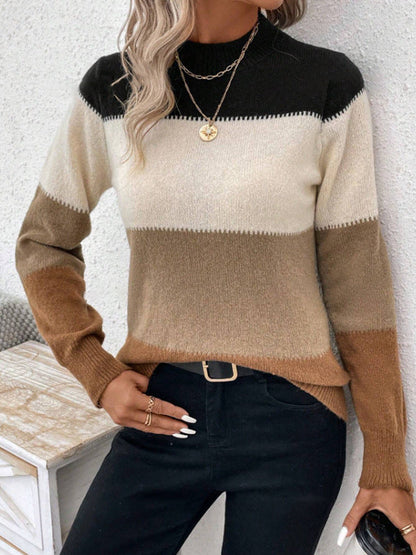 Damen Strickpullover Trendig Blockstreifen Hoher Kragen