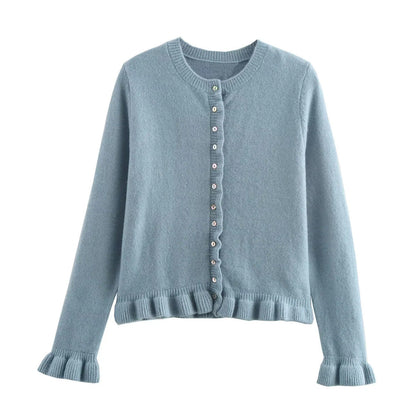 Damen Strickjacke Elegant Rüschensaum Knopfverschluss