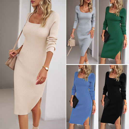 Elegantes Damen Strickkleid Rundhals Langärmlig Figurformend - IdealeKleiden