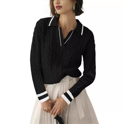 Damen Poloshirt Strickmuster Kontrastfarben Elegant