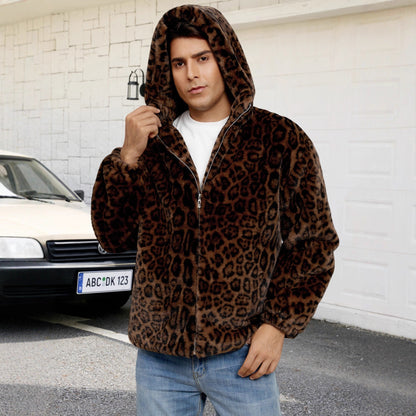 Herren Kunstpelzjacke Leopardenmuster Elegant Schwarz - IdealeKleiden