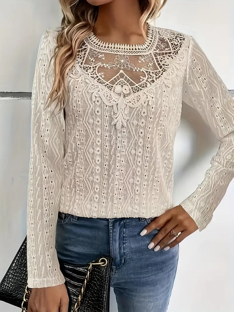 Damen Bluse Elegant Spitze Durchbrochen