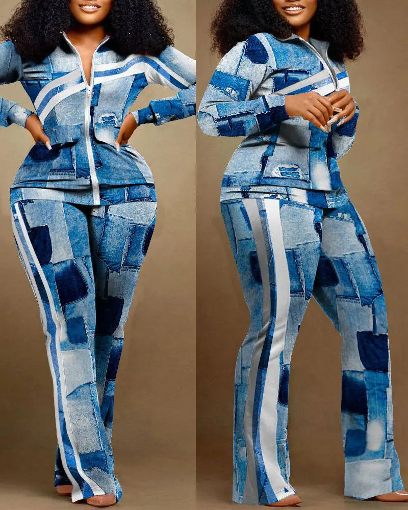 Damen Sportset DenimStyle mit Reißverschluss und Hoher Taille
