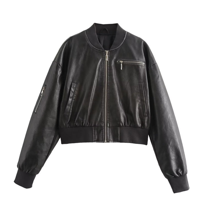 Leder Bomberjacke Damen Trendy Schwarz