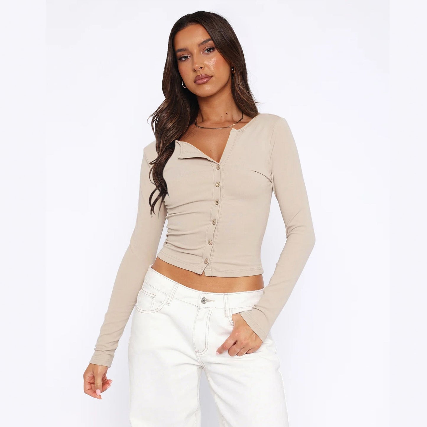 Damen Langarmshirt Figurbetont Elegant Knöpfe