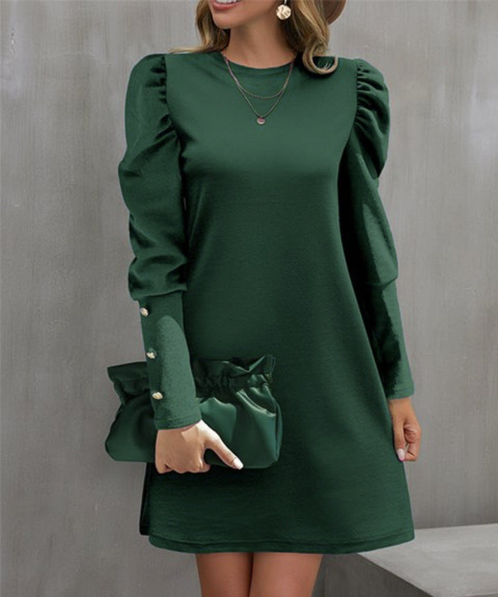 Damen Minikleid Rundhals Elegantes Puffärmel Kleid