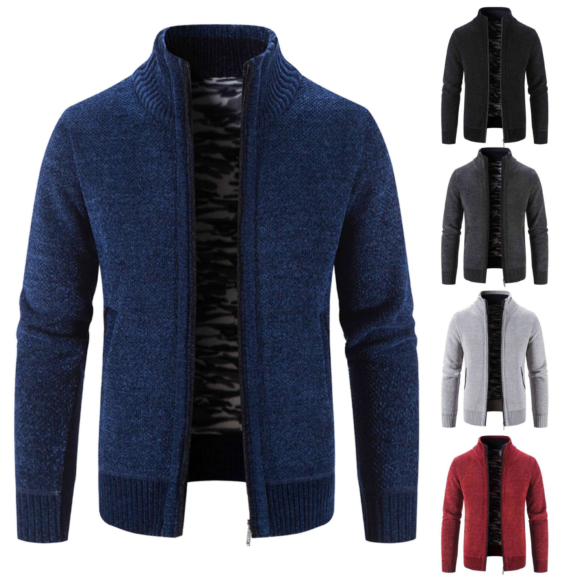 Herren Strickjacke Hochkragen Praktisch Reißverschluss Taschen - IdealeKleiden