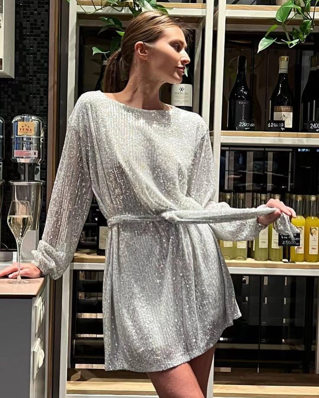 Damen Partykleid Glitter Lurex Elegant Geschnürt