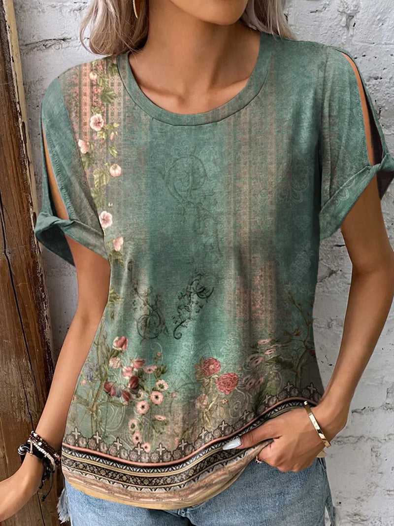 Frauen T-Shirt Blumenmuster Offene Ärmel Sommerstyle