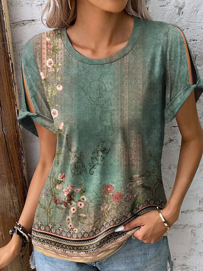 Frauen T-Shirt Blumenmuster Offene Ärmel Sommerstyle