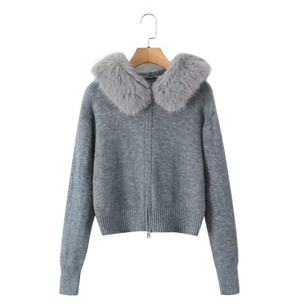 Damen Strickjacke Luxus Kunstfell Kragen Reißverschluss