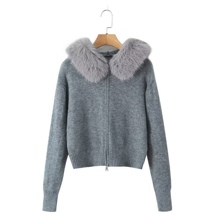 Damen Strickjacke Luxus Kunstfell Kragen Reißverschluss