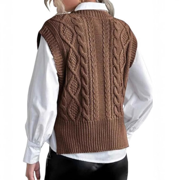 Damen Strickweste V-Ausschnitt Zopfmuster Elegantes Design