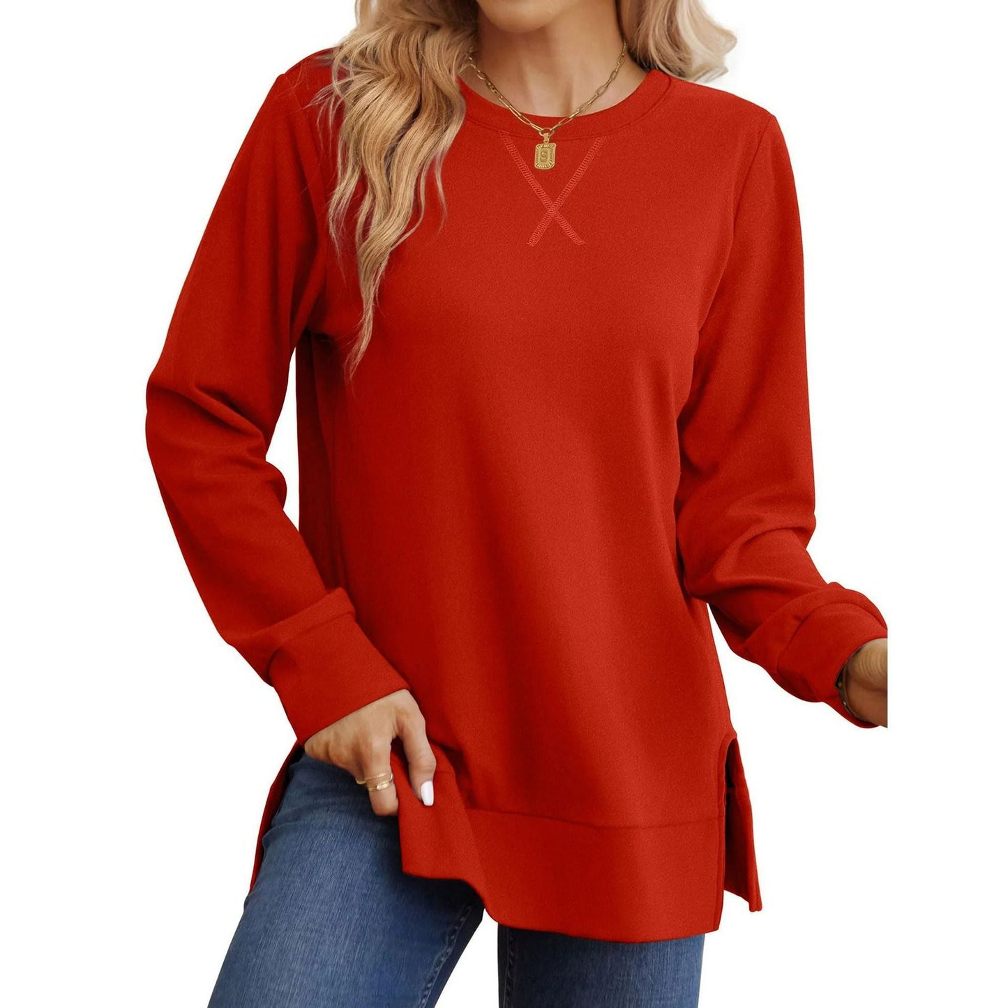 Damen Langarm Sweater Bequem Mit Seitenschlitz