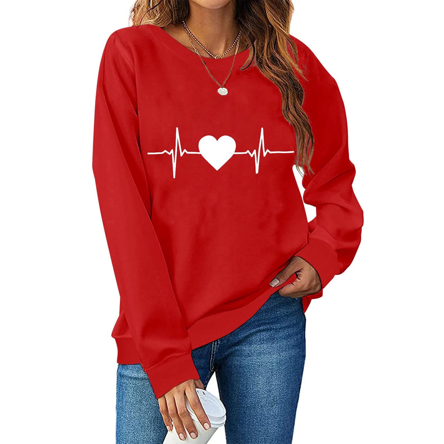Damen Sweatshirt mit Trendy Herz-Print Frauen Oberteil