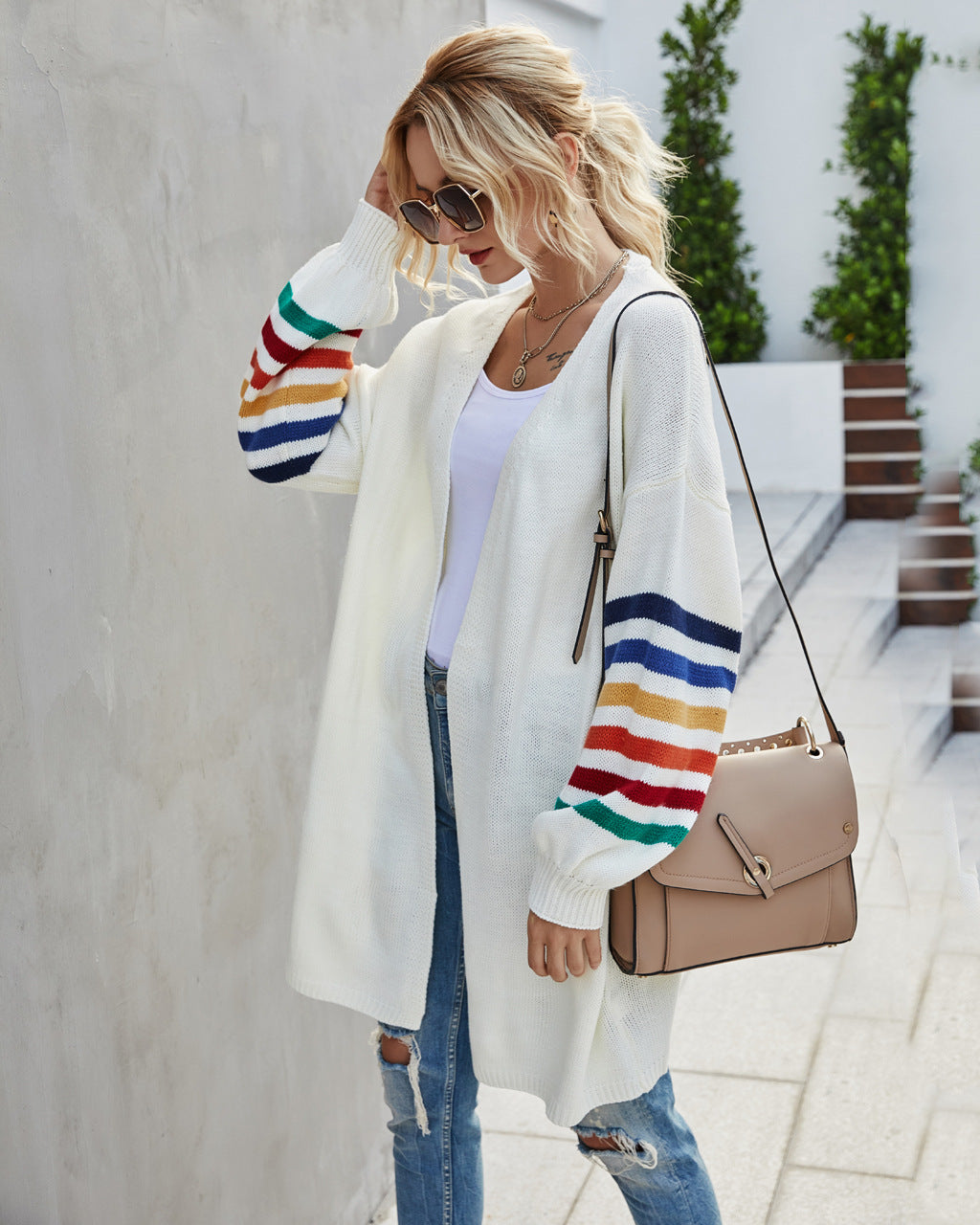 Strickjacke Offen Vorne Langer lockerer Schnitt Buntgestreift