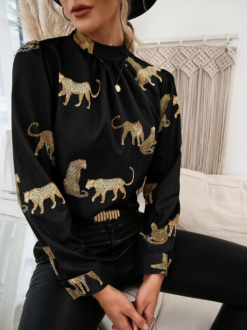 Damen Bluse Tierdruck Elegant Stehkragen