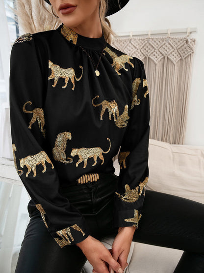 Damen Bluse Tierdruck Elegant Stehkragen